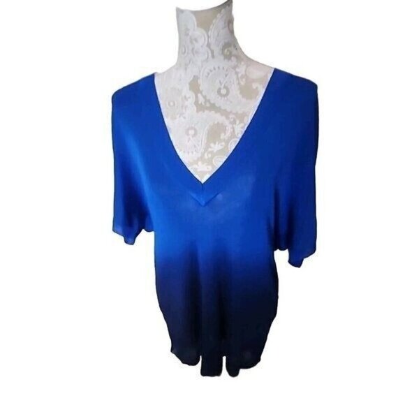 Chico’s Sweater Blue Ombre V-neck Slinky Knit Pullover NWT Women's Large - Picture 1 of 10